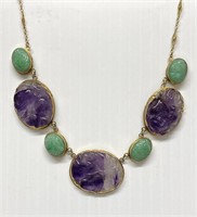 CARVED AMETHYST & JADE NECKLACE SET IN 14KT YELLOW