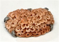 CARVED CORAL PIN W/ DIAMOND ACCENTS