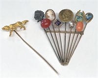 9 STICK PINS MOUNTED ON BROOCH & 1 ADDITIONAL DOG