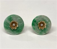 PR OF CARVED JADE EARRINGS W/ DIAMONDS