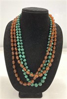 2 STRANDS MALACHITE BEADS & 1  56" STRAND AMBER