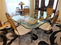 WICKER,GLASS, AND METAL DINING TABLE W/6 CHAIRS