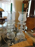 PAIR OF GLASS CANDLEHOLDERS* one has cracked globe