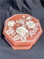 Coral Incolay Jewelry box 9 inches in diameter.