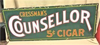 Cressman's Counsellor Porcelain Cigar Sign, 30"L