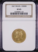 1867 Brazil 10,000 Reis Gold Coin