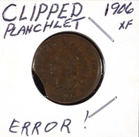 1906 Cent with Clipped Planchet Error