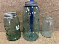 3 Aqua fruit jars (Z-1858 Masons & Swayzees)