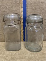 2 Clear Fruit Jars w/bails (Queen and White Bear)