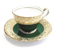 AYNSLEY Tea Cup & Saucer Green & Gold Bone China