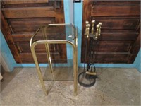 FIREPLACE TOOLS & SMALL BRASS/GLASS TABLE