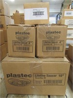 4 BOXES: PLASTEC 4", 10" PLASTIC SAUCERS, ETC.