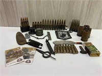 QTY OF BULLETS, PATCHES, GAUGES AND WATER