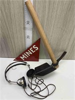 `MINES` TIN SIGN, TRENCH SHOVEL AND ARMY HEADSET