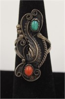 Old Navajo Coral & Turquoise Silver Ring