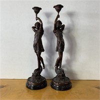 Pair Bronze Figural Woman Candle Sticks Standing o