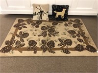 Pine Cone Hooked Rug & 2 Throw Pillows