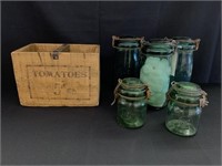 5 Green Caning Jars and a  Wooden Tomato Crate