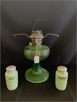 Green Aladdin Oil Lamp & Pair of Jadeite Shakers