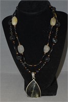 2 Strand Beaded Necklace, Blue Tiger Eye, Pearl