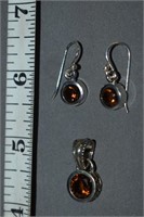 Sterling Orange Topaz Pendant & Pierced Earrings