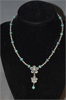 Sterling Beaded Turquoise Necklace Floral Motif