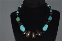 Wood & Turquoise Sterling Barse Necklace 18"