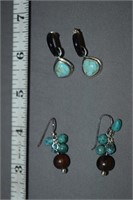2 Pair Turquoise, Wood, Sterling Pierced Earrings