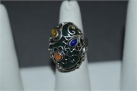 Sterling Aventurine, Lapis, Coral Ring Size  6.25