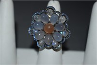 Large Chaladony, Moonstone Floral Ring Size 5.25