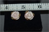 Floral Carved Pink Opal Sterling Pierced Earrings