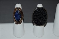2 Rings 1 Carved Floral Onyx, 1 Bronze Lapis