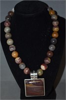 Agate Sterling Beaded Necklace W/ Pendant