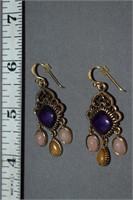 Bronze Barse Rose Quartz, Purple Agate Earrings