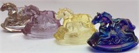 (4) MOSSER CARNIVAL GLASS ROCKING HORSE FIGURINES