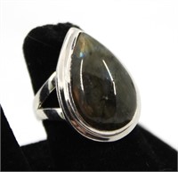 Silver Pear-Shaped Labradorite Ring
