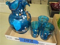 Blue glass pitcher & 3 glasses