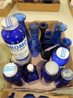 Assorted blue glass including Bromo Seltzer