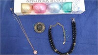 Black Glass Necklace, Bath Bombs, Camio Pin,