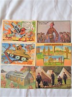 6 WW1 & 2 Military Comic Post Cards