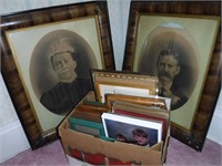 2 Old Pictures; Box of Picture Frames