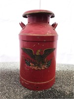 Large red milk can with eagle and American flag