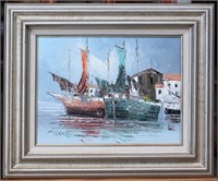 Oil Painting of Sail Boats and Wharf Signed Morgan