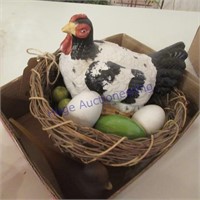 Ceramic rooster w/ eggs, amber glass bird