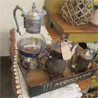 Silver tea pots & silver & glass coffee carafe