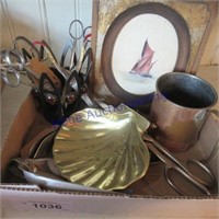 Copper cup, plaque, nut picks, vintage scisssors