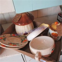 Mushroom decore, canister, clock, bowls