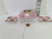 3 Piece Luster Hand Paint Trinket Box/ Pin Trays