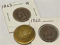 Civil War -1862-63- Indian Head Cents and Button