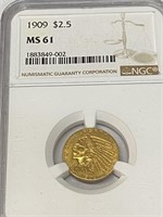1909 MS 61 NGC $2.5 Gold Indian Coin